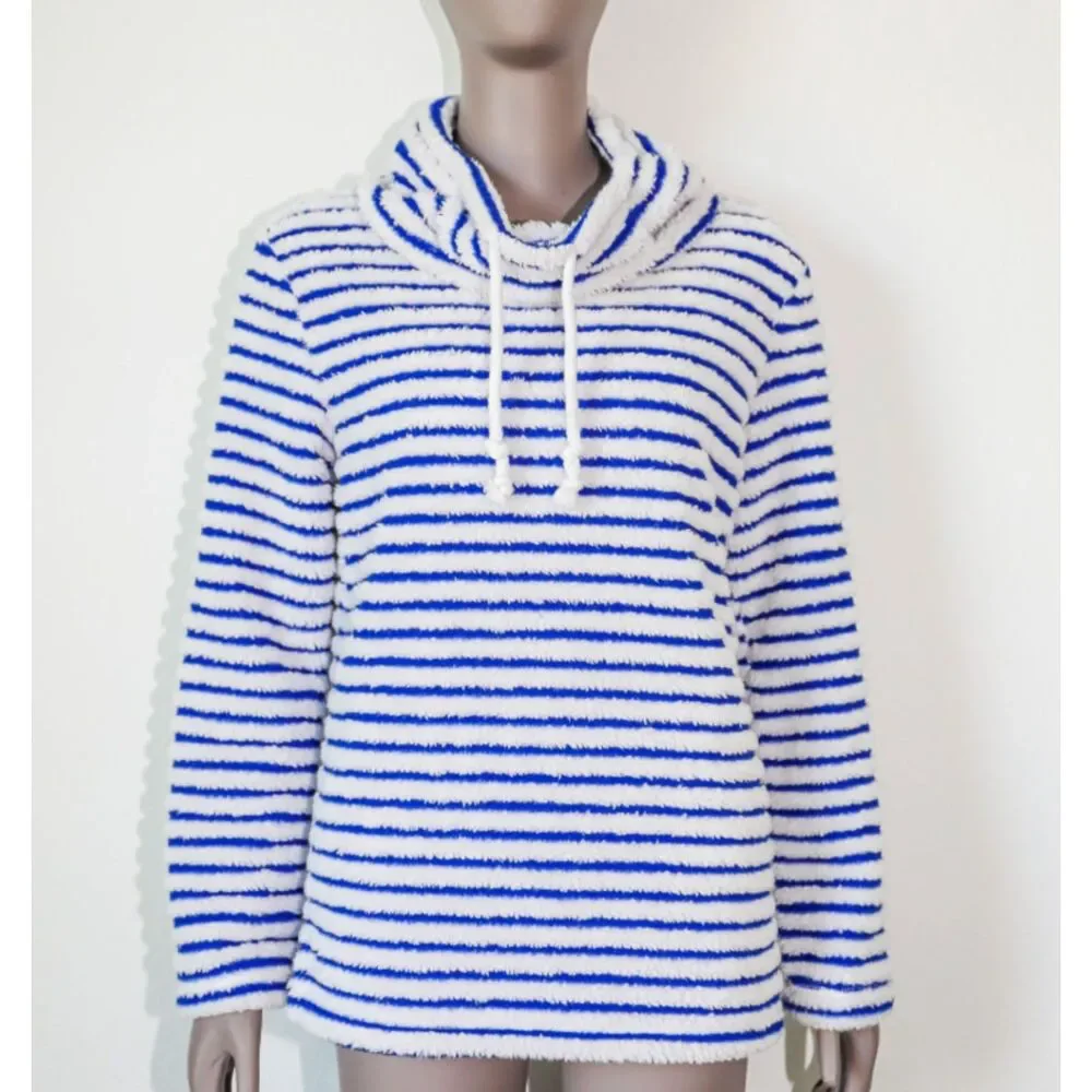 Blue White Stripe Hoodie Shorts Set Small Cozy Lounge Pajama Nautical Plush Fall